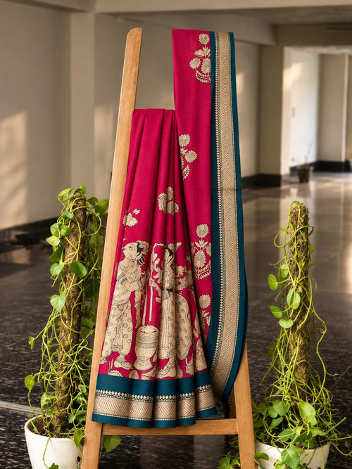 Kalamkari Katha saree in Rani Pink