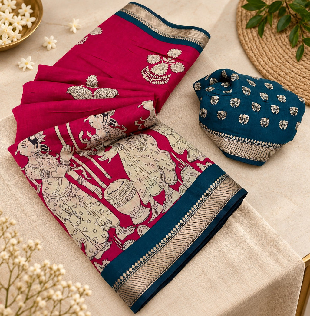 Kalamkari Katha saree in Rani Pink