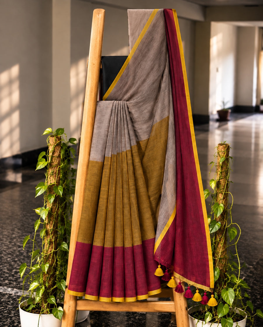 Haldi saree in Mustard, Grey and Maroon