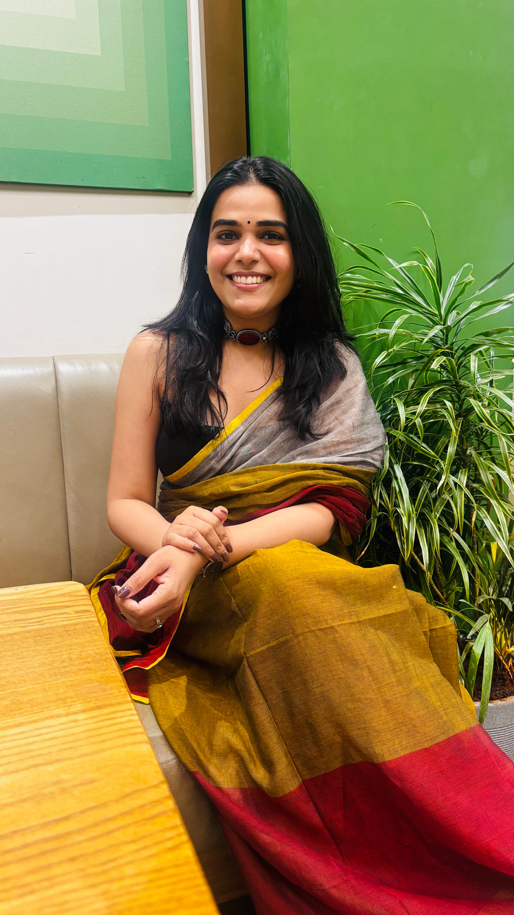 Haldi saree in Mustard, Grey and Maroon